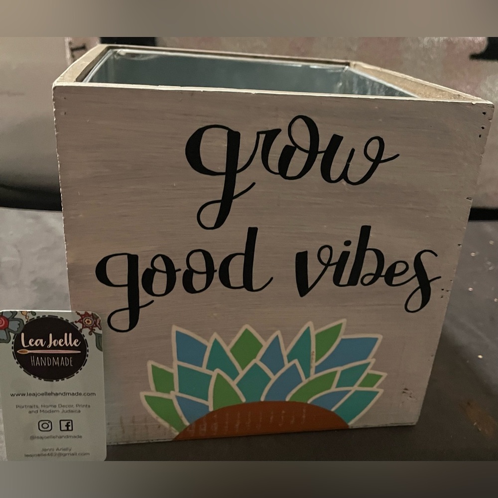 Custom 8” White Washed Planter with “Grow Good Vibes” Artwork